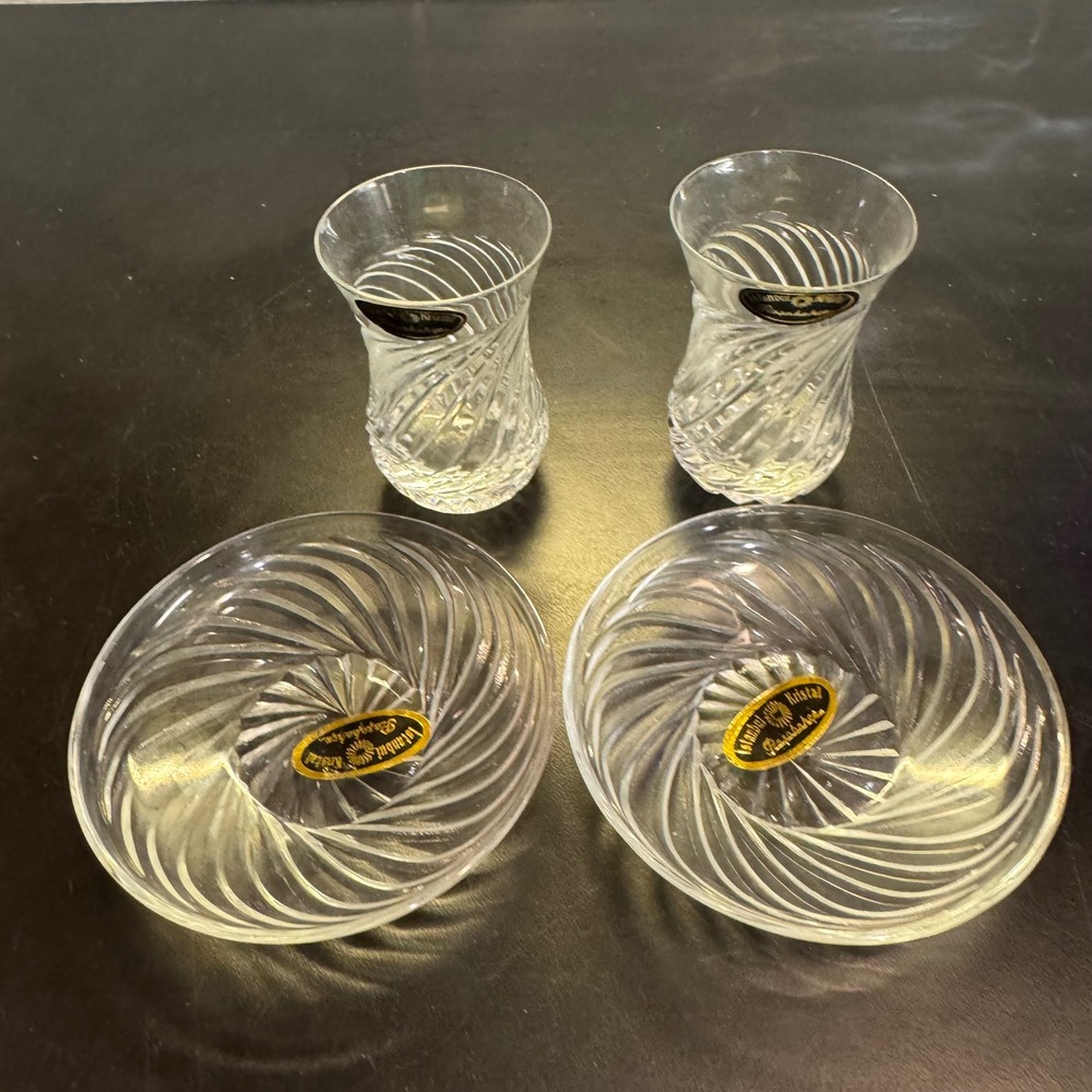 Pasabahce Turkish Tea Set 4pc Clear Optic Swirl Crystal Tulip Glasses Saucers
